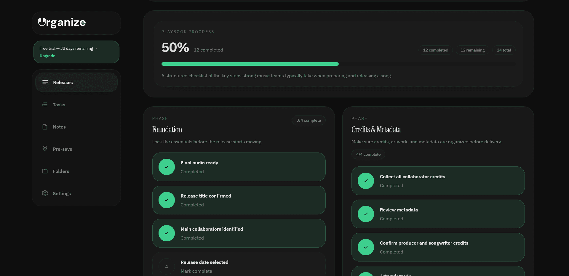 Urganize release playbook showing phased release progress and structured tasks.