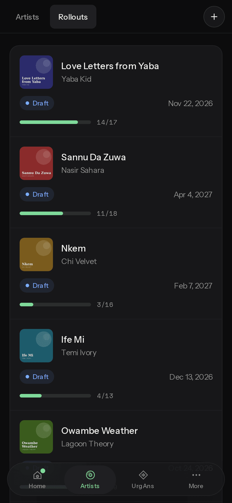 The Urganize catalog for a manager running several artists: release cards with cover art, the release date and a progress bar counting finished tasks against each plan.