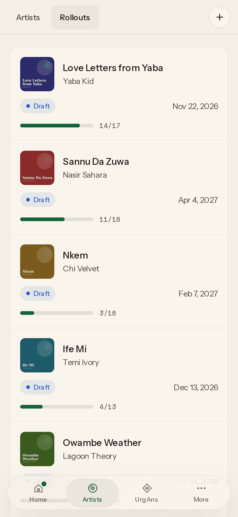 The Urganize catalog for a manager running several artists: release cards with cover art, the release date and a progress bar counting finished tasks against each plan.