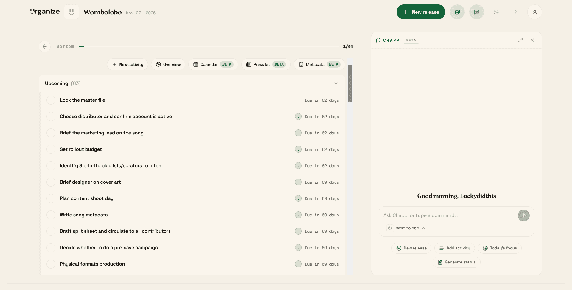 A release open in Urganize: the progress bar at 1 of 64, the upcoming activities listed with a due date on every row, and the Chappi assistant docked alongside them.